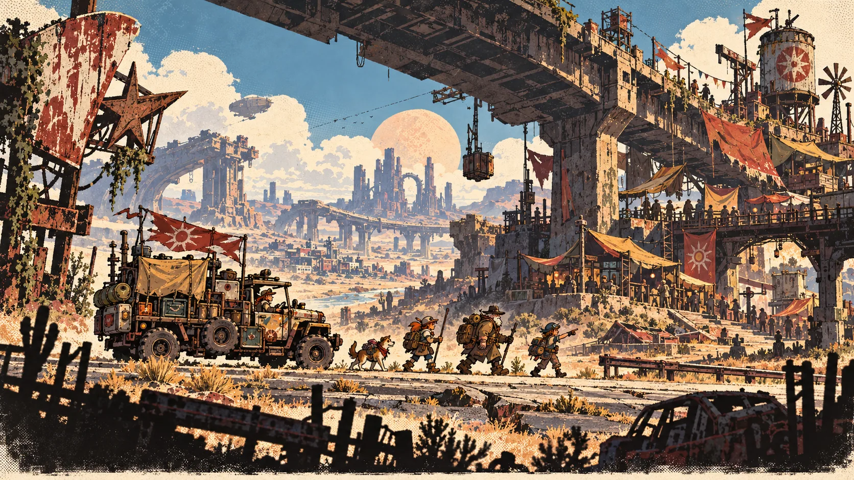 A small caravan moves along a crumbling overpass beneath towering reclaimed towers, bathed in warm late-light ochre. Concept visualization — not final gameplay.