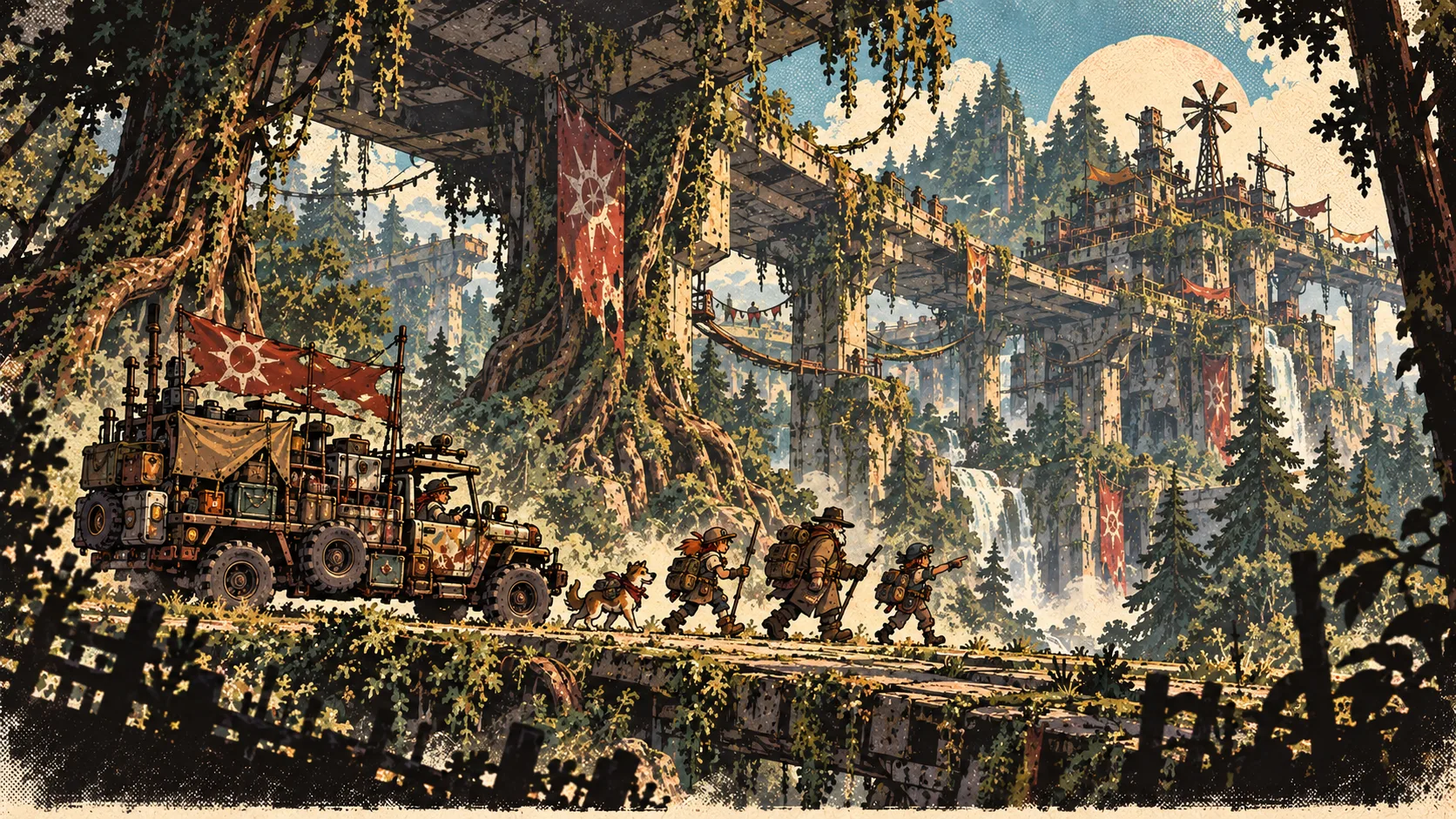 A small caravan moving through a dense, layered forest where nature has reclaimed old structures. Concept visualization.
