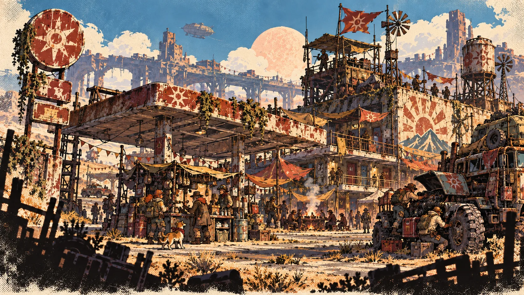 A cluster of improvised buildings and market stalls built around salvaged infrastructure, warm rust and ochre tones. Concept visualization — not final gameplay.
