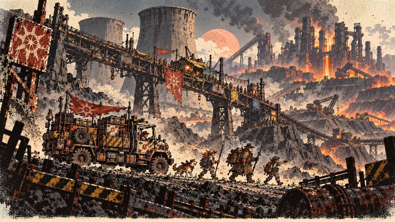 A long industrial corridor with functioning infrastructure, smokestacks, and maintained structures suggesting institutional control. Concept visualization.
