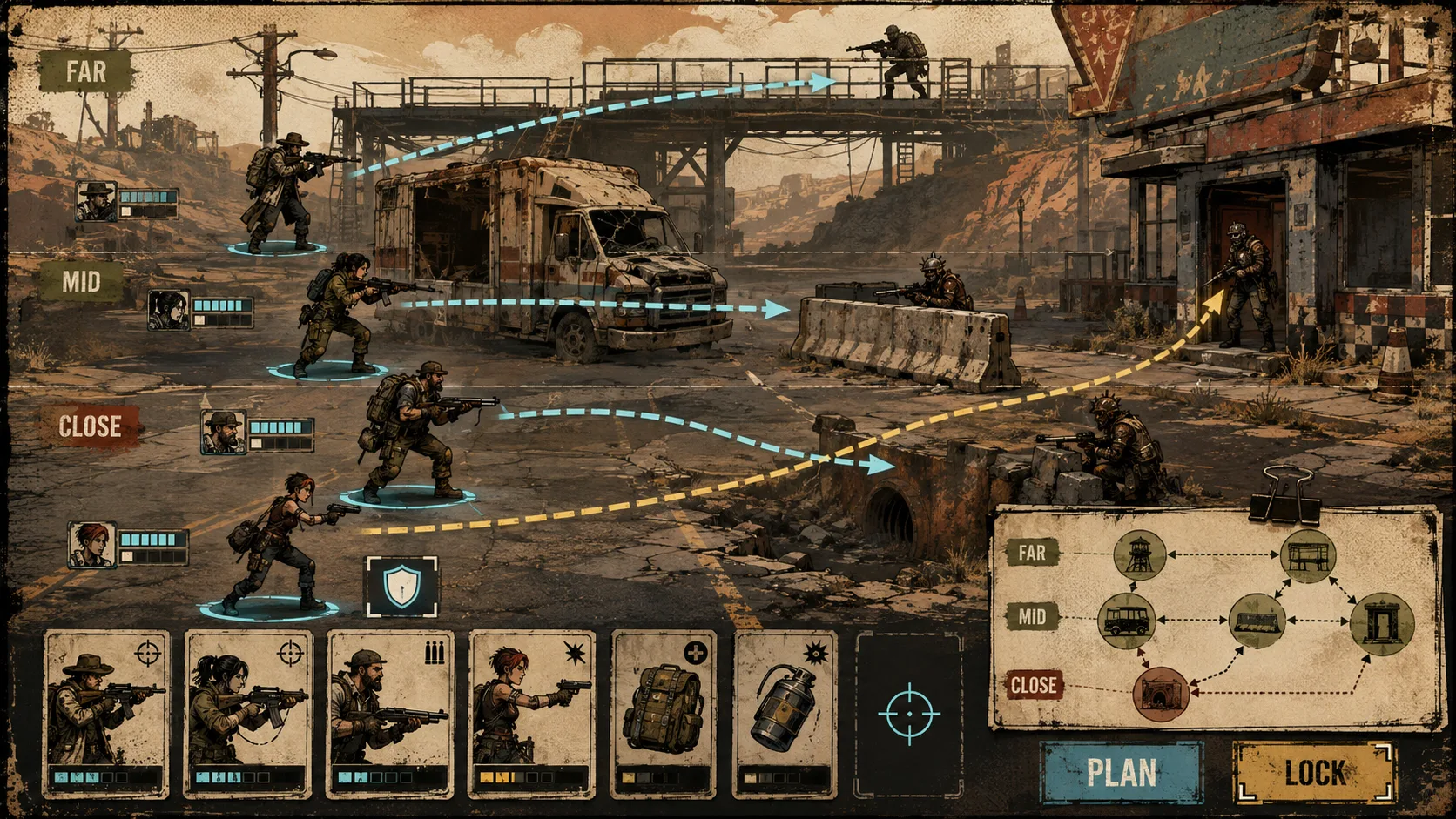 Four characters positioned across side-view depth lanes with cover nodes and card-based command indicators. Concept visualization — not final gameplay.