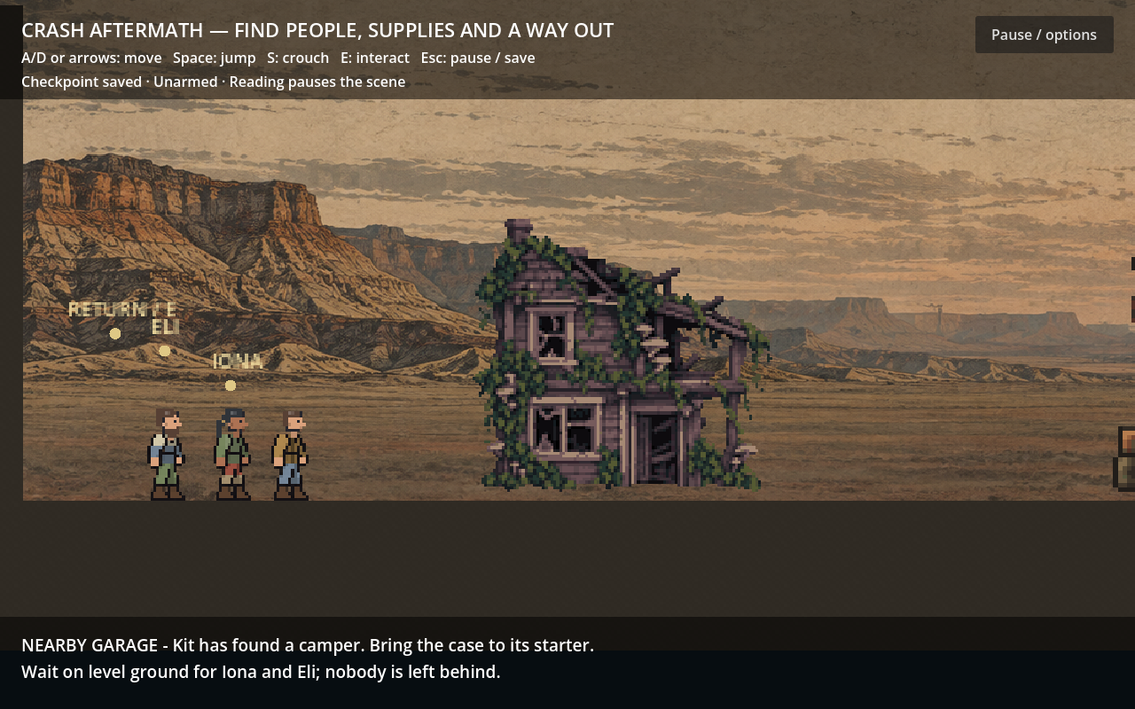 The protagonist and two companions arrive beside a ruined garage against an ochre canyon backdrop.