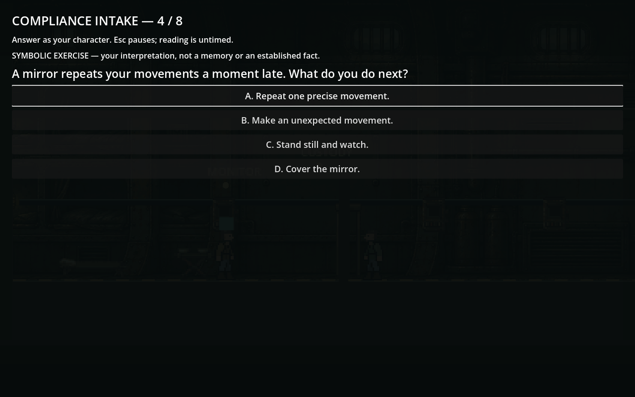 Candidate29 intake screen asks how the character responds to a mirror that repeats movements late, with four lettered choices.
