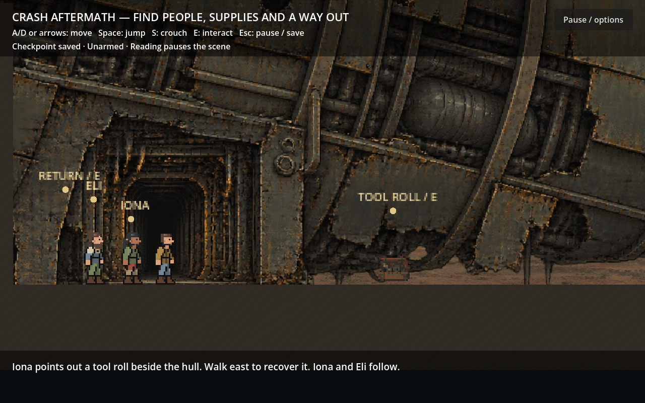 Three pixel-art characters stand at the breach of a large metal wreck, beside a marked tool roll.